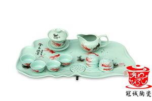 【冠诚陶瓷】手绘茶具18寸鲤鱼荷叶盘